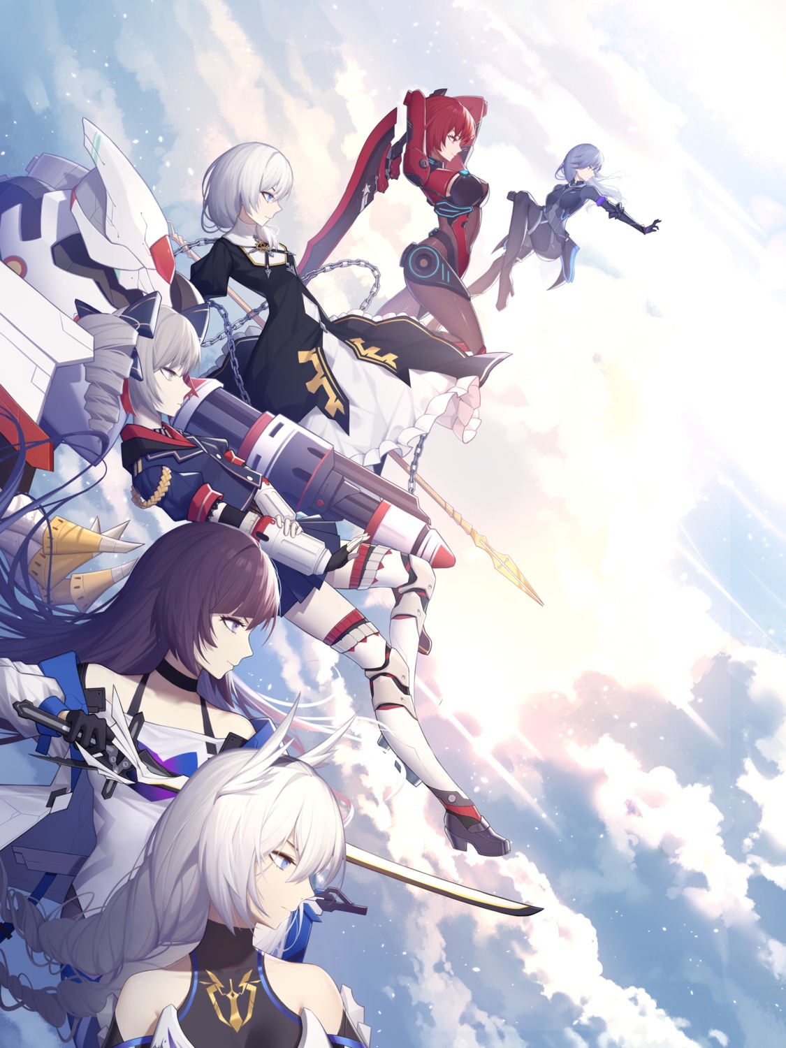 benghuai_xueyuan bodysuit bronya_zaychik fu_hua heels honkai_impact kiana_kaslana murata_himeko raiden_mei sword theresa_apocalypse weapon youx