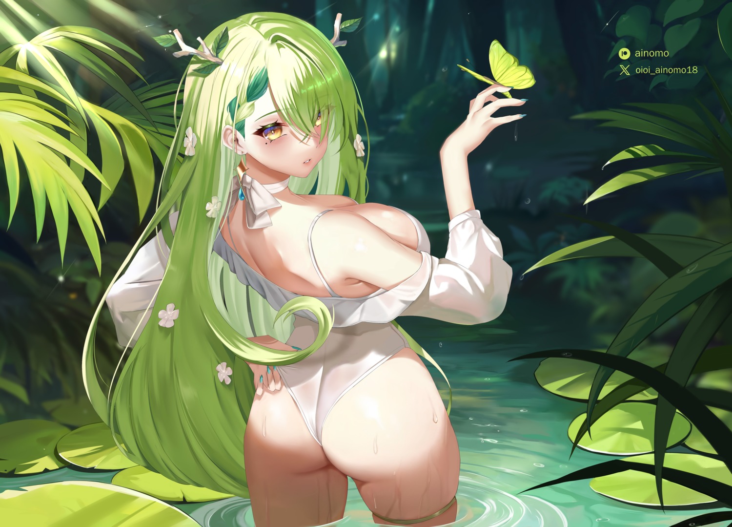 ass ceres_fauna garter hololive hololive_english horns oioi_ainomo see_through swimsuits wet