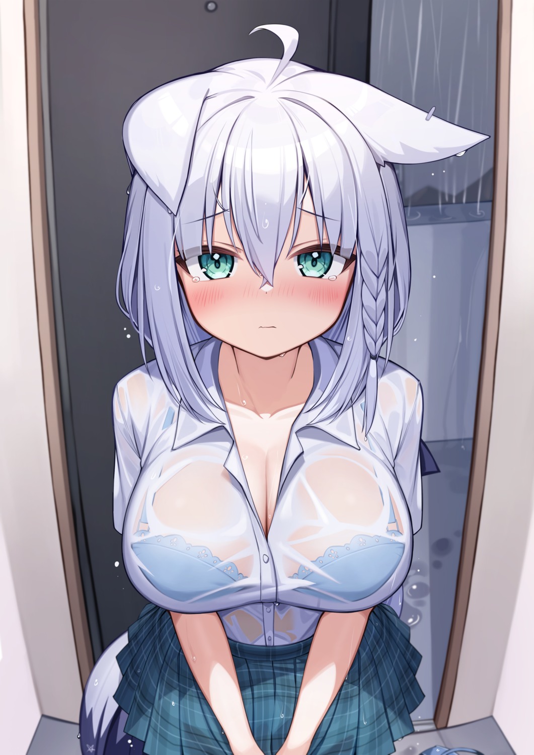 animal_ears bra deaver hololive hololive_gamers kitsune open_shirt see_through seifuku shirakami_fubuki tail wet_clothes