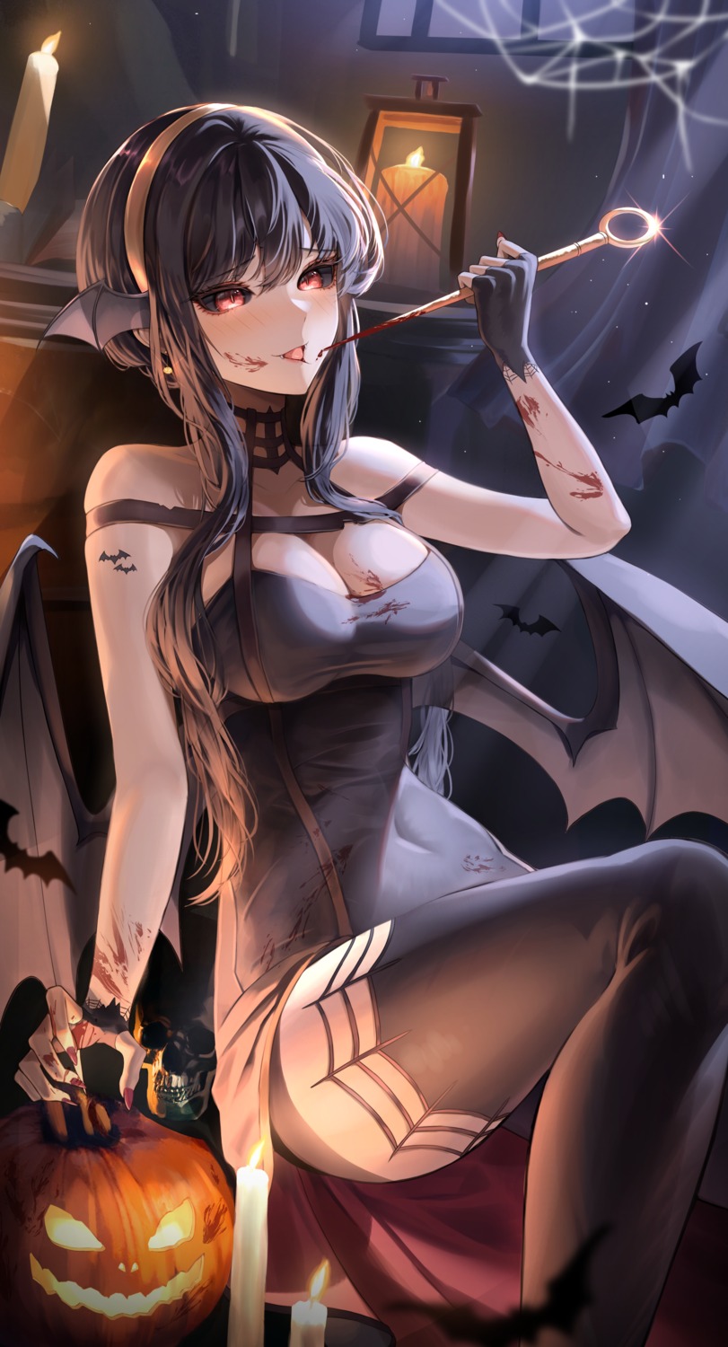 blood dress halloween no_bra spy_x_family thighhighs weapon wings yoonsol yor_briar