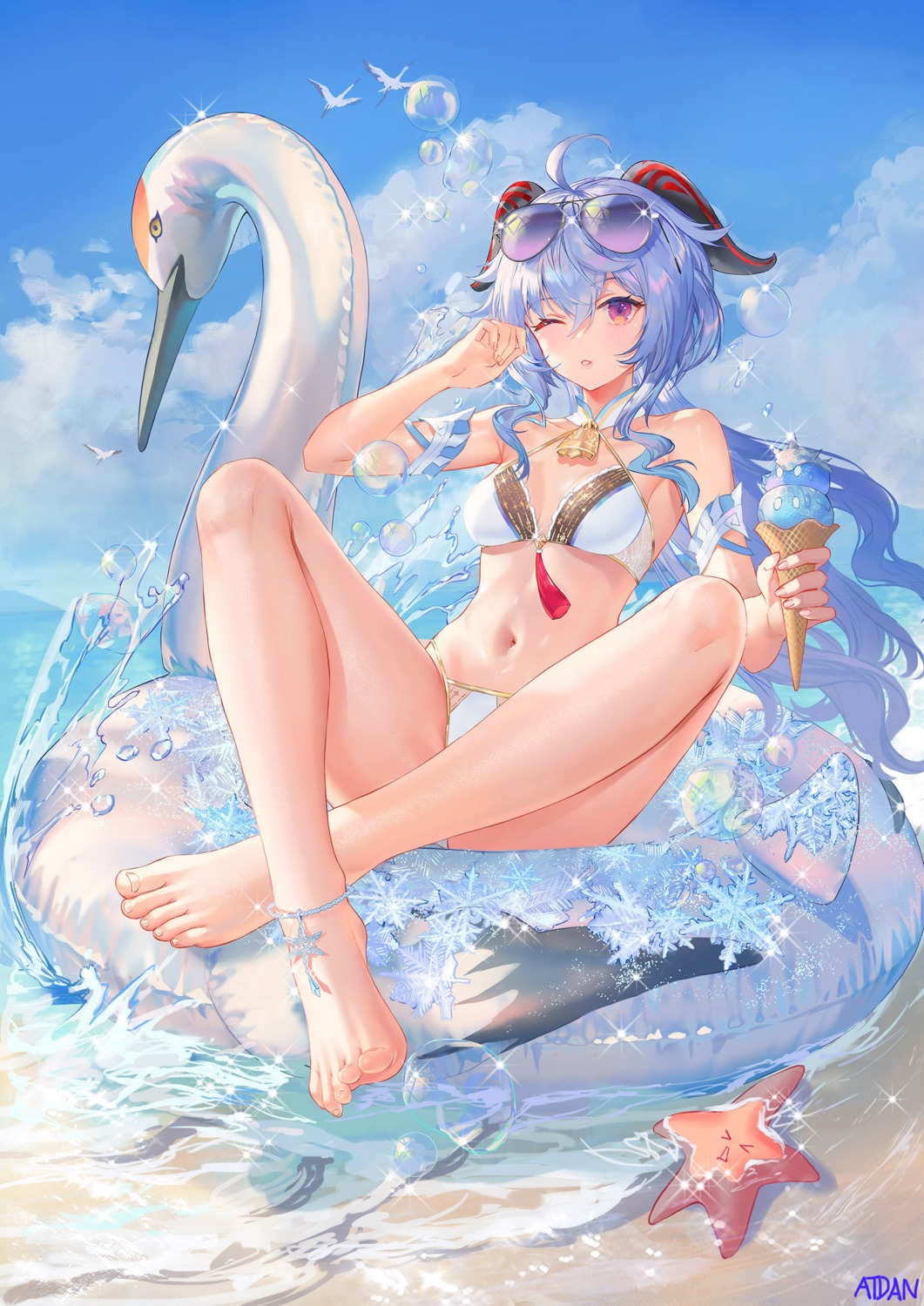 artist_revision atdan bikini cleavage feet ganyu genshin_impact horns megane swimsuits