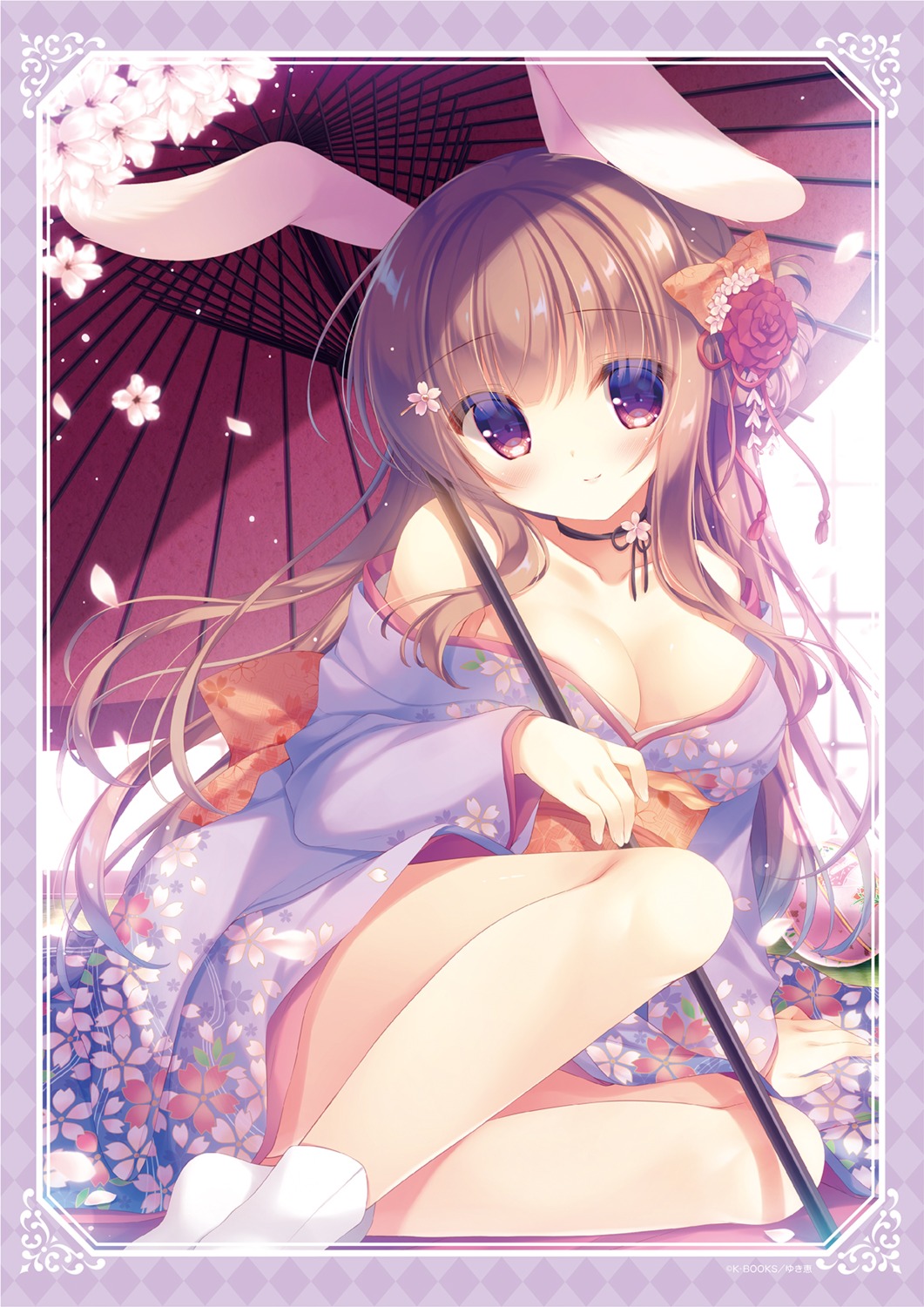 animal_ears bunny_ears cleavage kimono no_bra open_shirt skirt_lift umbrella yukie