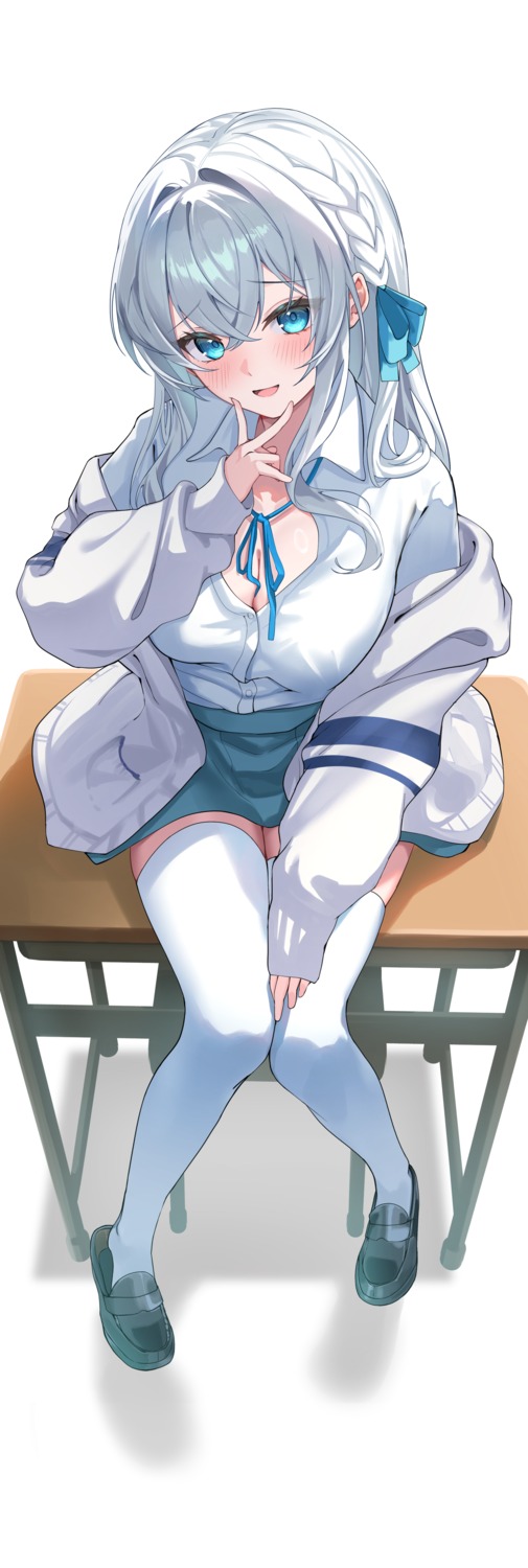 cleavage hitachi_sou open_shirt seifuku thighhighs