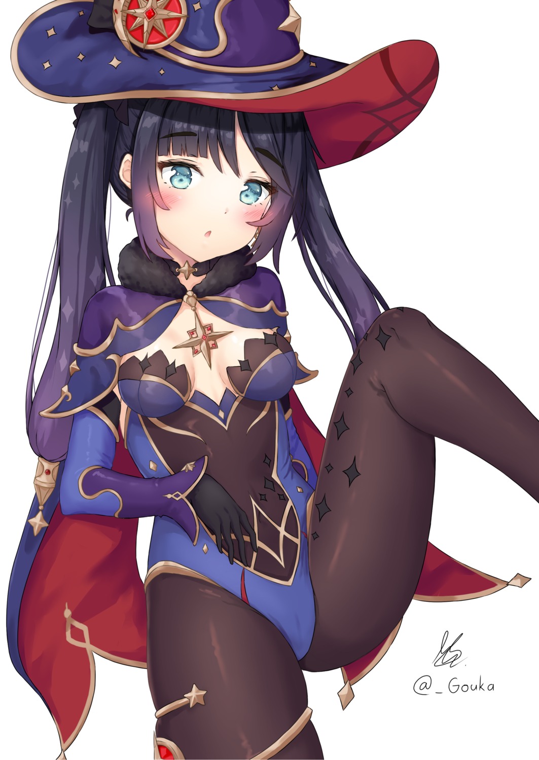 garter genshin_impact gouka leotard mona_megistus no_bra pantyhose witch