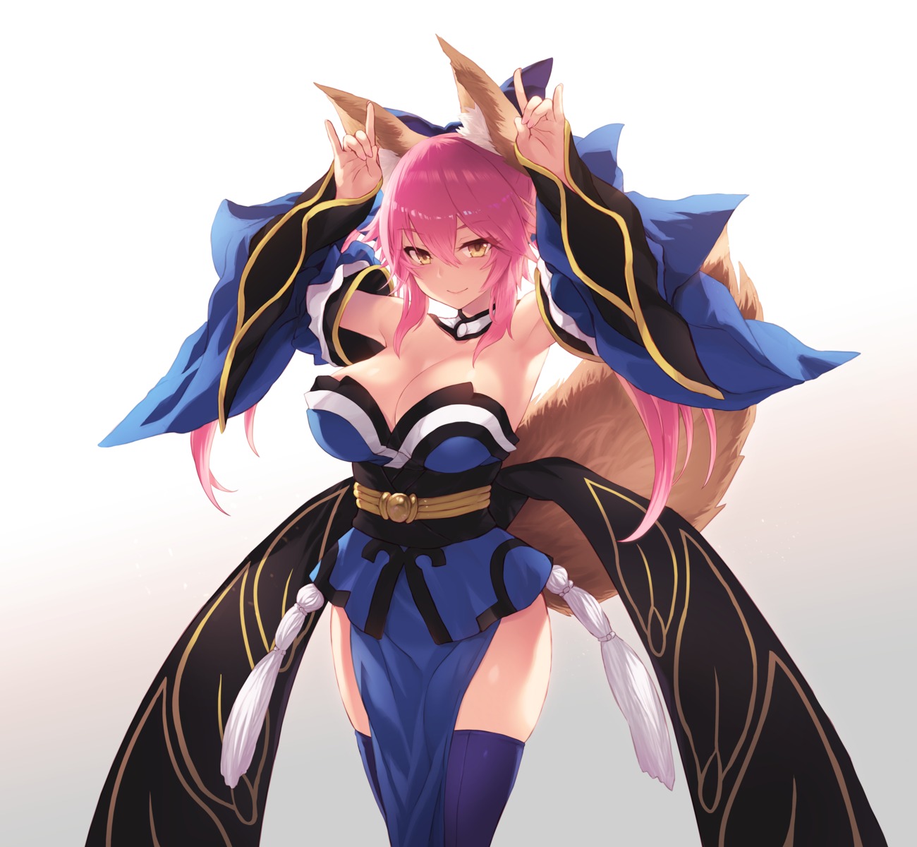 animal_ears cait cleavage fate/grand_order japanese_clothes kitsune open_shirt tail tamamo_no_mae thighhighs