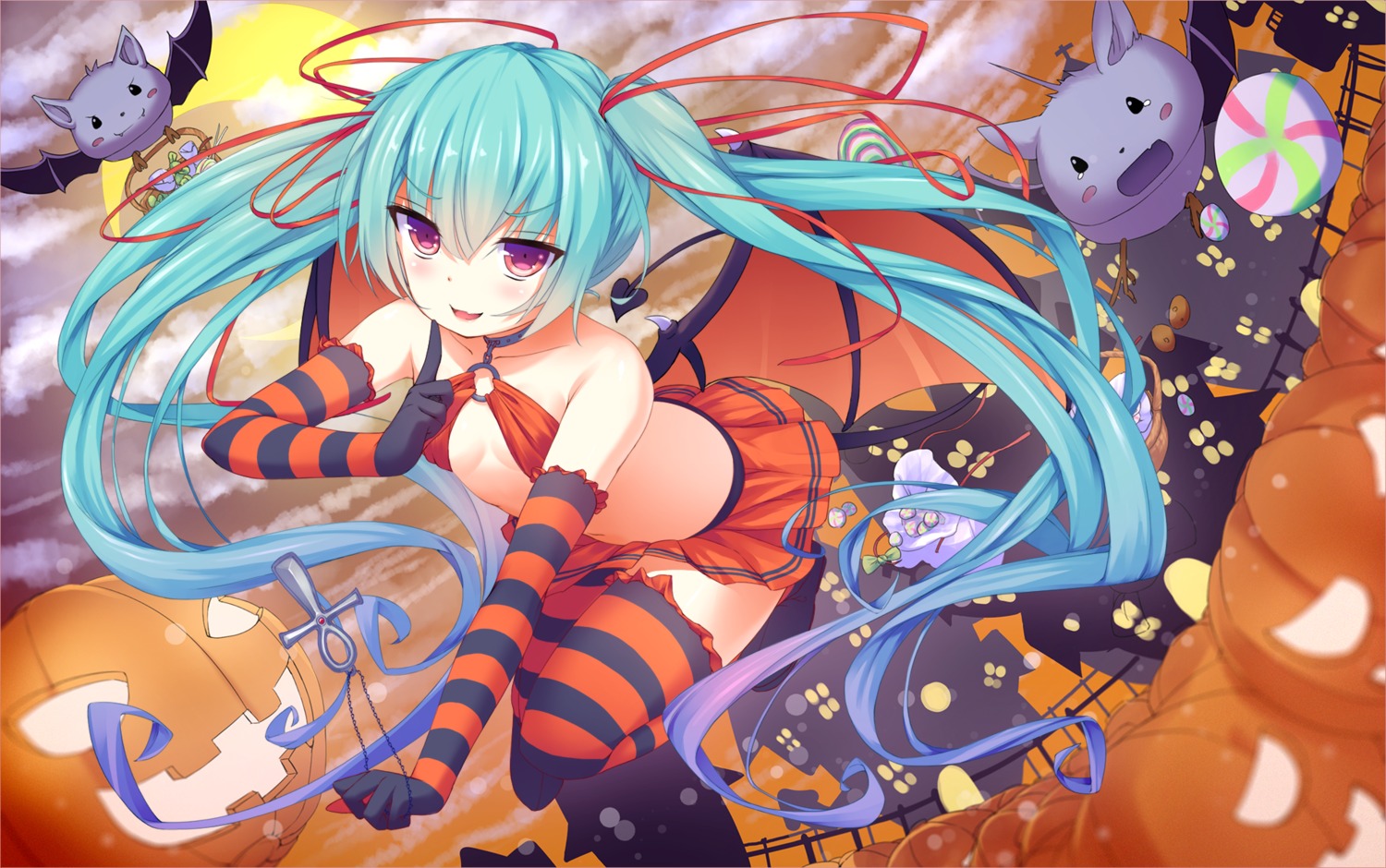 cleavage halloween hatsune_miku no_bra papino tail thighhighs vocaloid wings