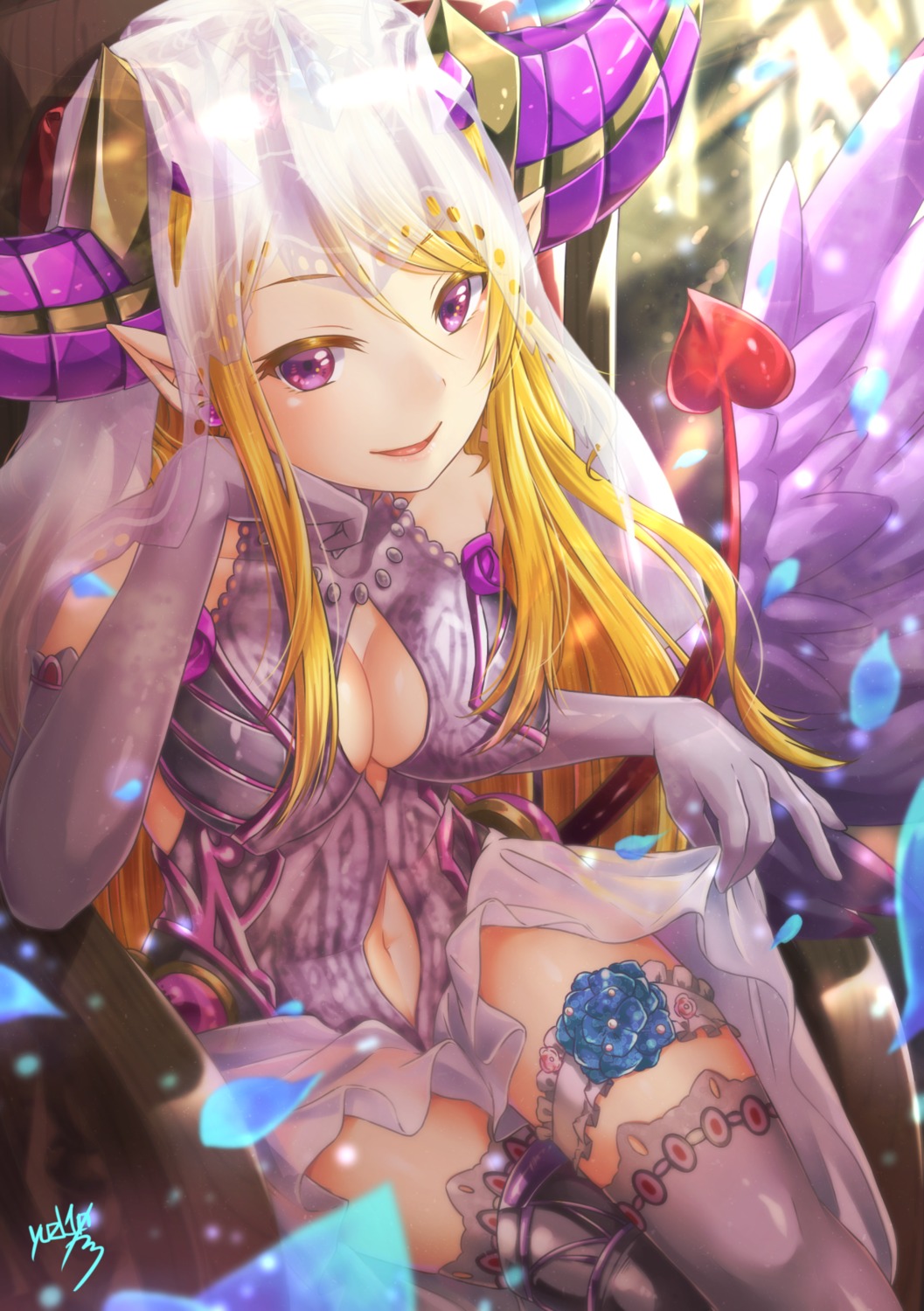 cleavage garter horns no_bra pointy_ears puzzle_&_dragons see_through skirt_lift stockings tail thighhighs yuzutosen