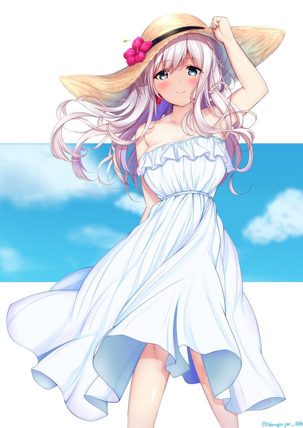 cleavage dress fate/grand_order miyamoto_musashi_(fate/grand_order) namaponpon_00 summer_dress