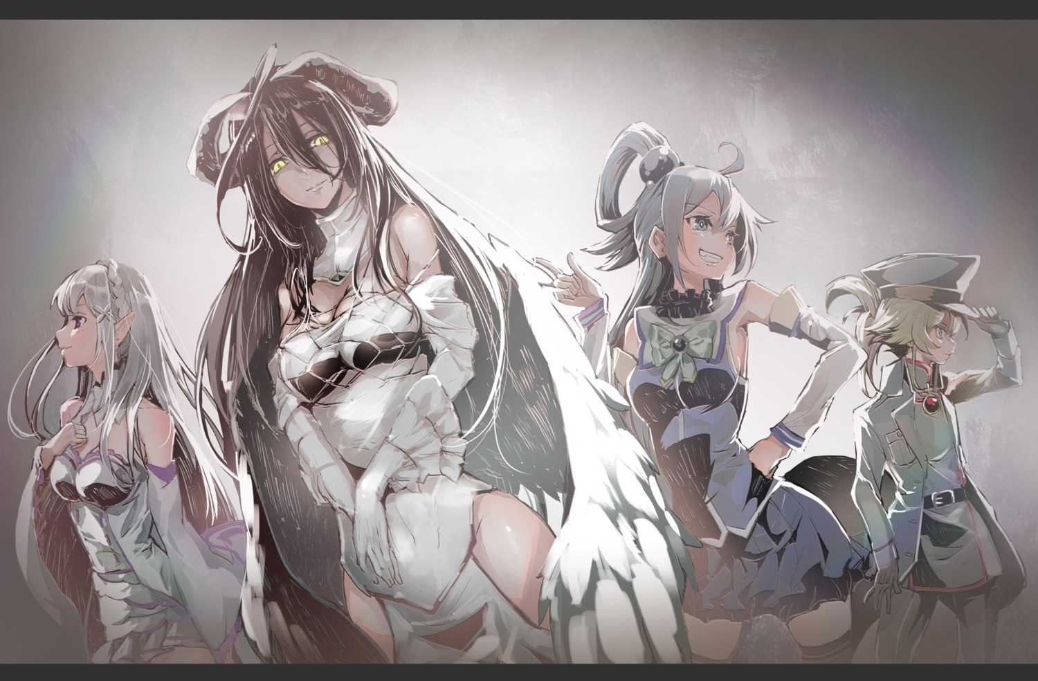 albedo_(overlord) aqua_(konosuba) cleavage crossover dress elf emilia_(re_zero) endcard horns isekai_quartet kono_subarashii_sekai_ni_shukufuku_wo! neichiru overlord pointy_ears re_zero_kara_hajimeru_isekai_seikatsu tanya_degurechaff thighhighs uniform wings youjo_senki