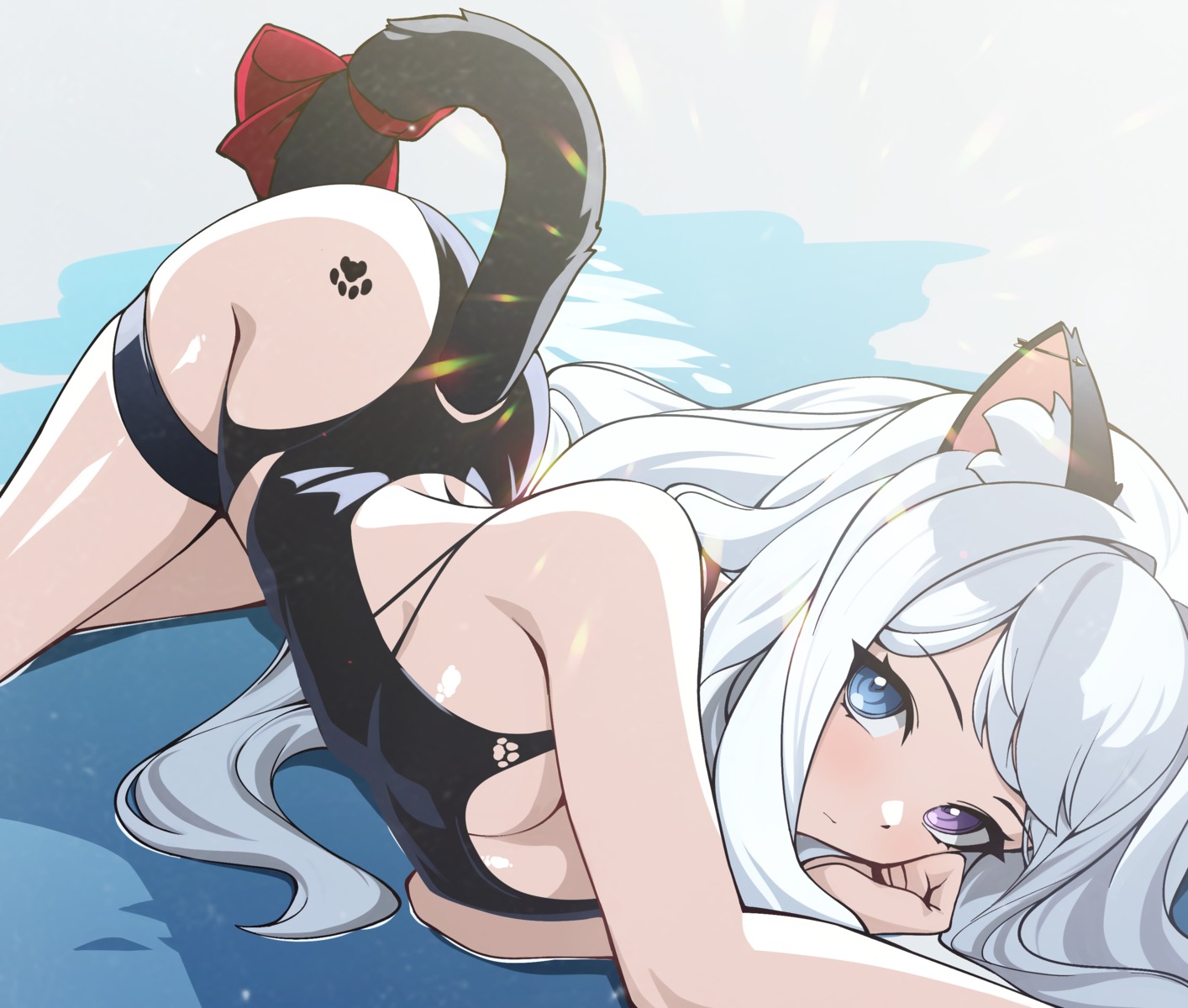 animal_ears breast_hold ett garter heterochromia nekomimi swimsuits tail tattoo