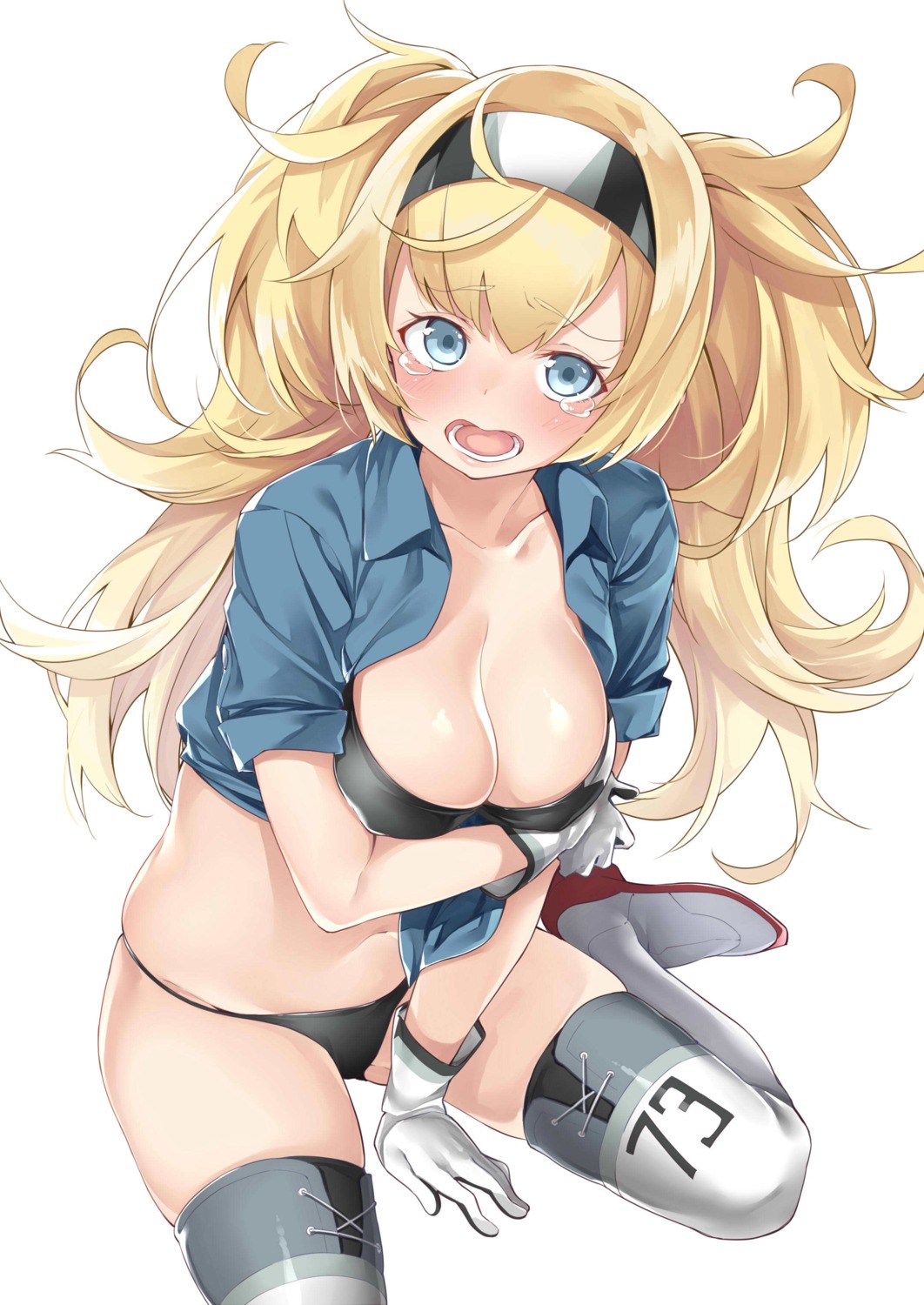 bra breast_hold cleavage ebifurya gambier_bay_(kancolle) kantai_collection open_shirt pantsu thighhighs