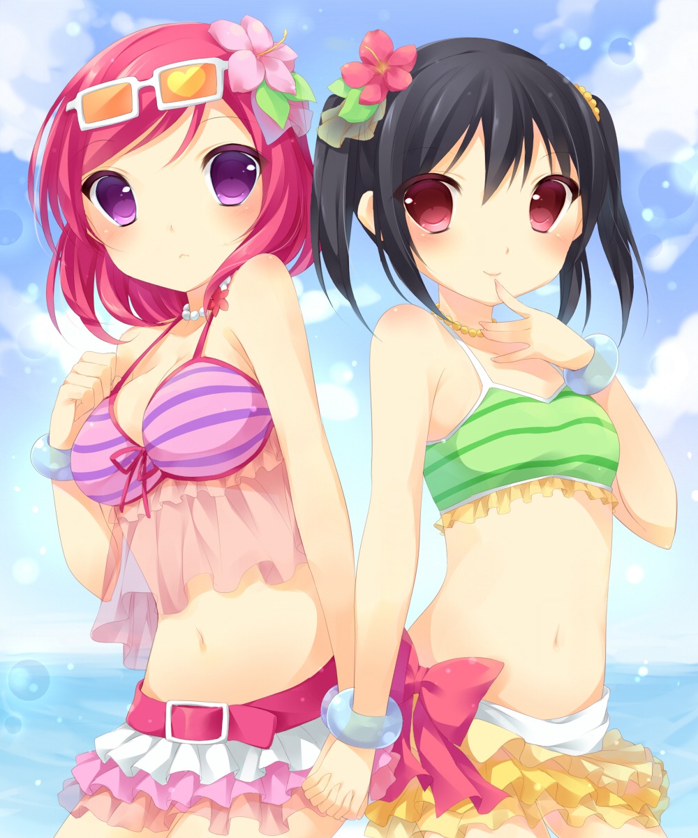 bikini cleavage haduki456 love_live! megane nishikino_maki swimsuits yazawa_nico