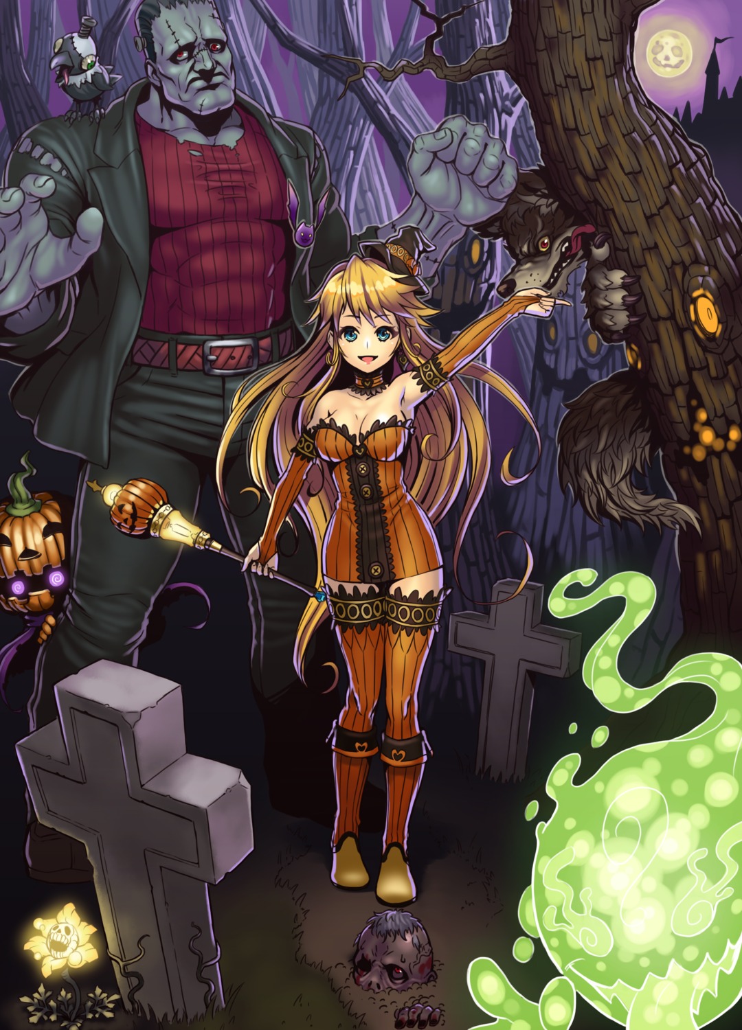 chou_denji_mayuge cleavage dress halloween thighhighs witch