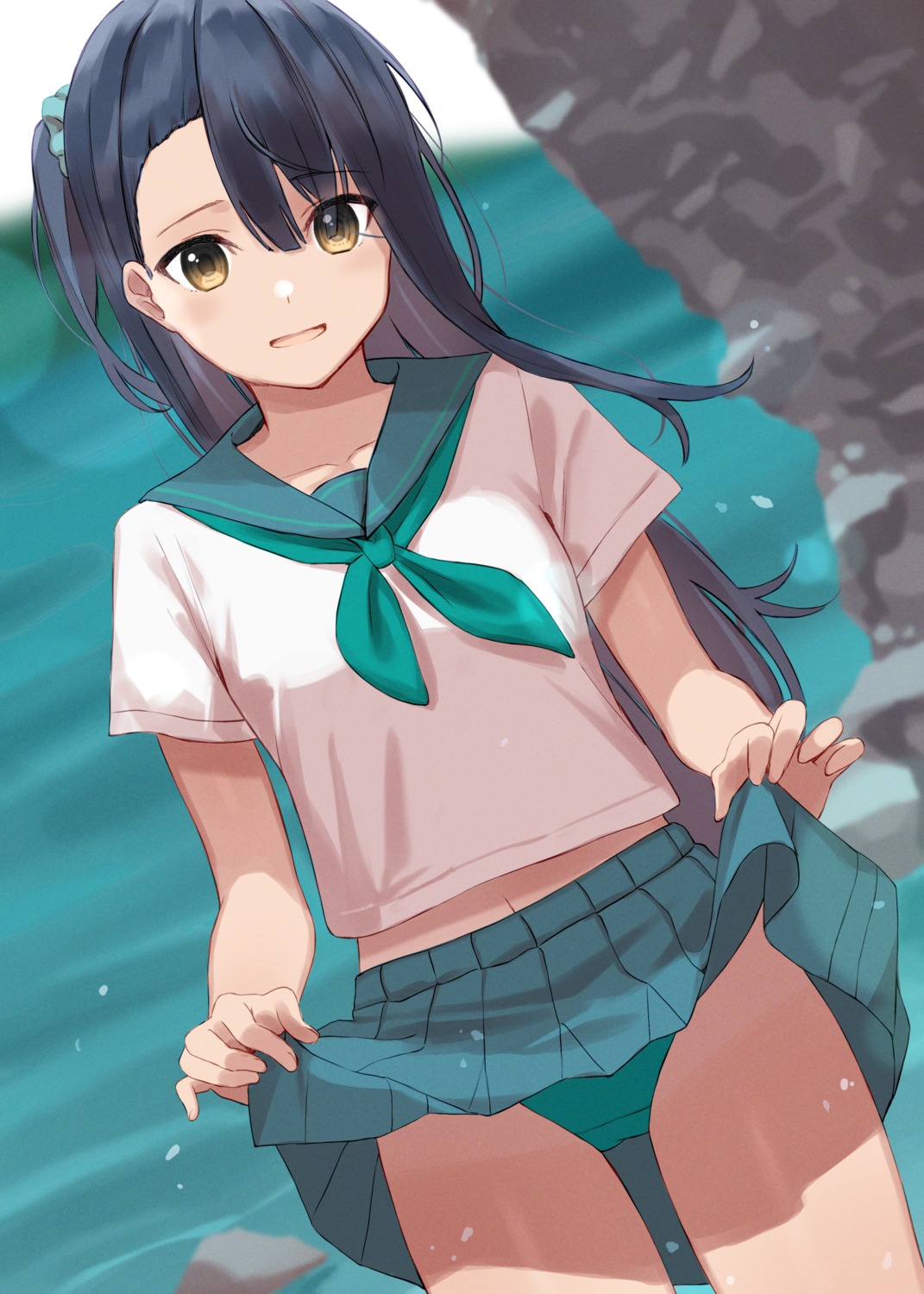 akira_tooru artist_revision cameltoe pantsu seifuku skirt_lift wet wet_clothes