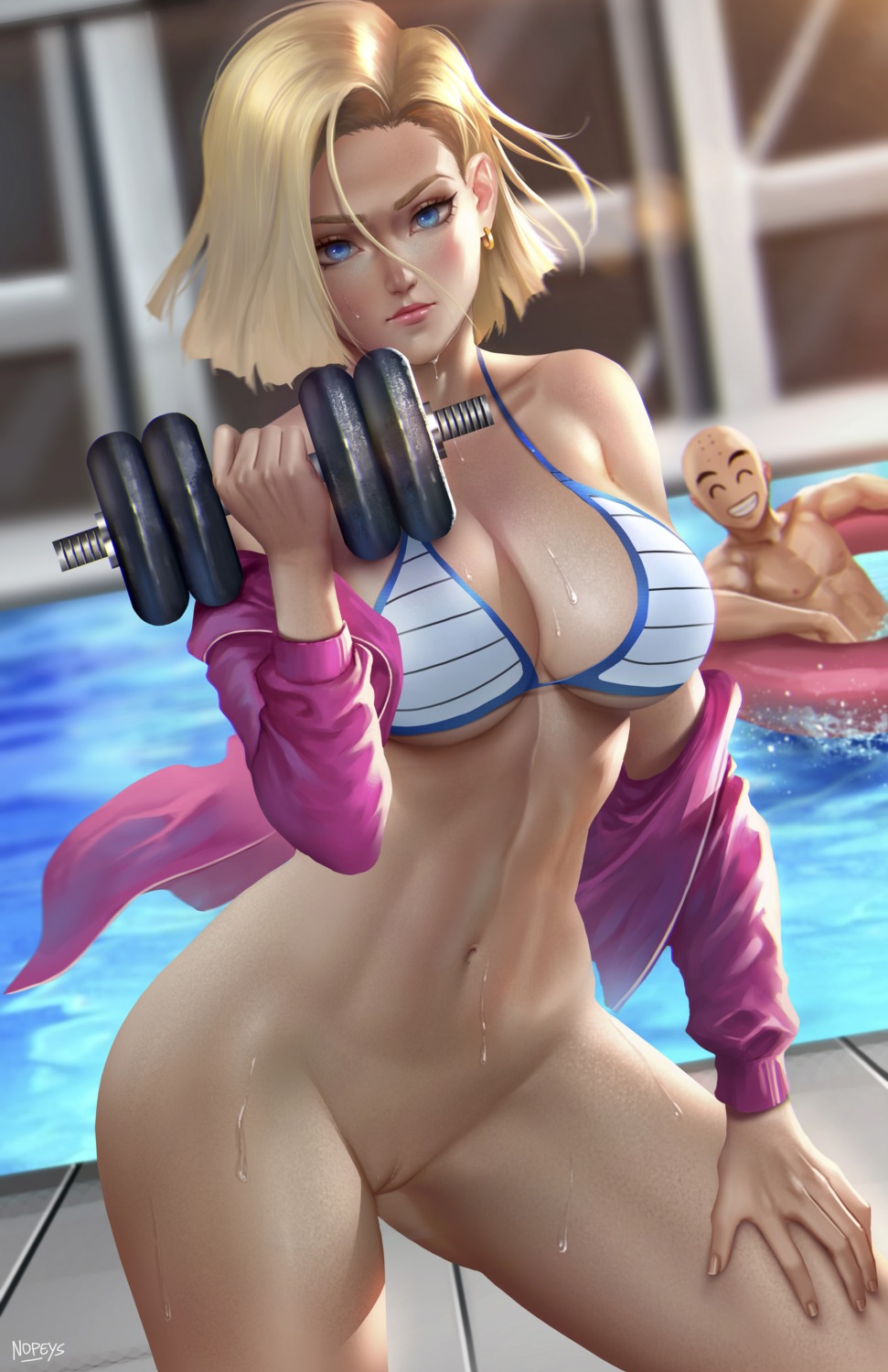 android_18 bikini_top bottomless dragon_ball dragon_ball_z nopeys open_shirt pussy swimsuits uncensored