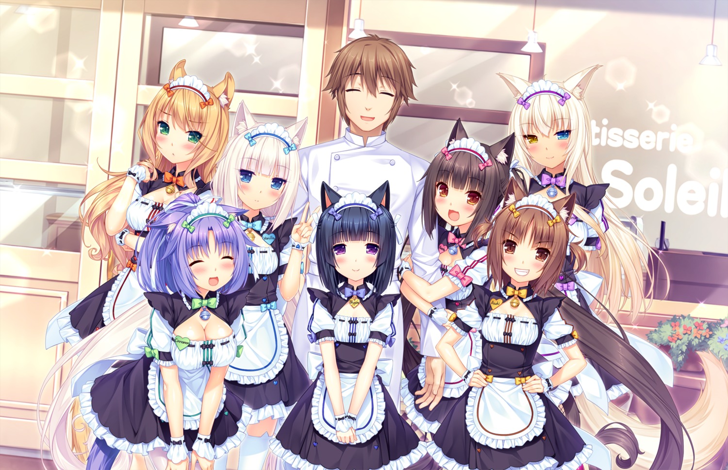 animal_ears azuki chocola cinnamon_(nekopara) cleavage coconut heterochromia maid maple_(nekopara) minazuki_shigure neko_works nekomimi nekopara sayori tail thighhighs vanilla waitress