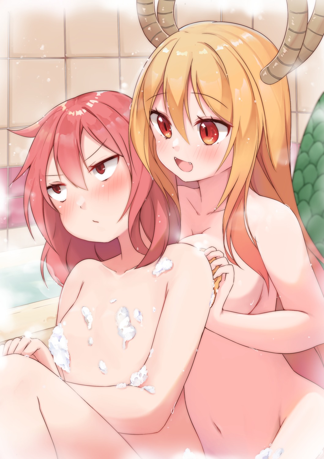 atsuki bathing cream horns kobayashi-san_chi_no_maid_dragon kobayashi_(kobayashi-san_chi_no_maid_dragon) naked tail tooru_(kobayashi-san_chi_no_maid_dragon) yuri