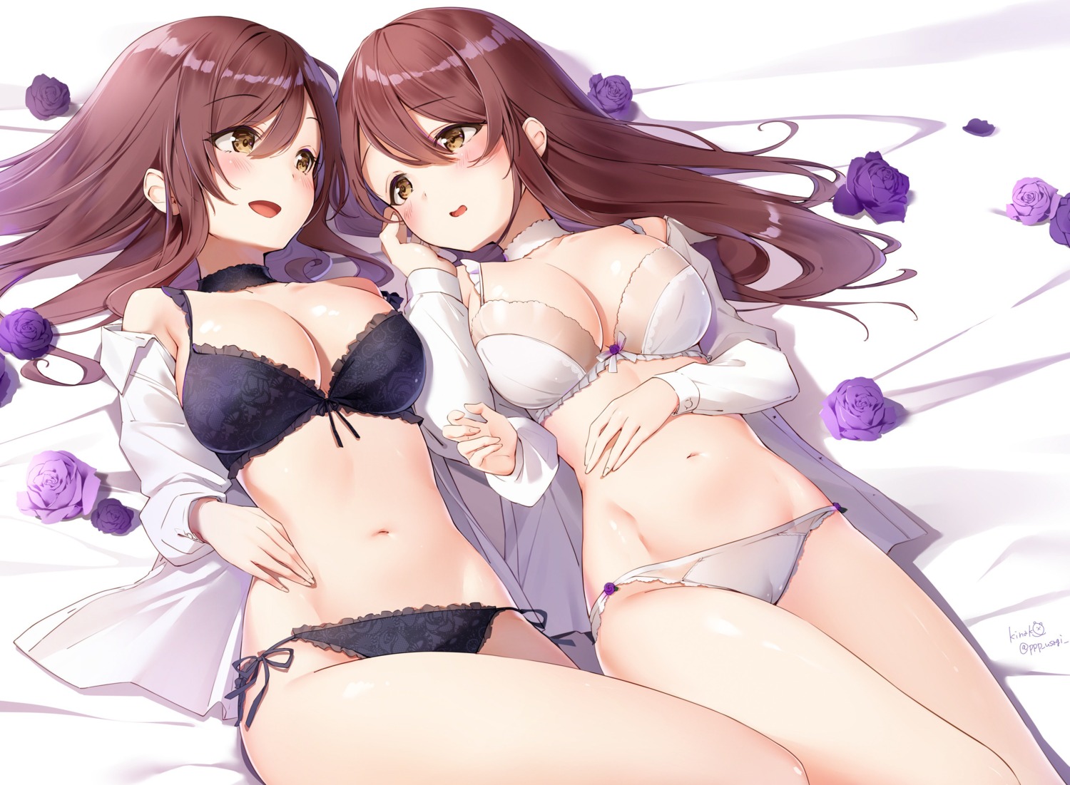 bra cameltoe cleavage kinako_(shiratama_mochi) oosaki_amana oosaki_tenka open_shirt pantsu string_panties the_idolm@ster the_idolm@ster_shiny_colors yuri