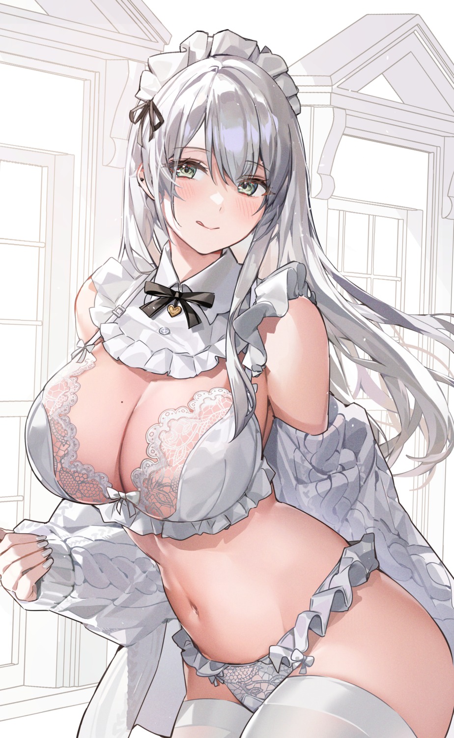 bra lingerie maid onew open_shirt pantsu sweater thighhighs