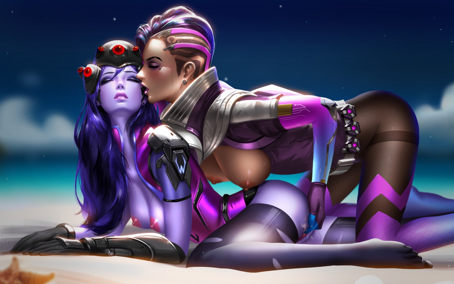 bodysuit breasts feet fingering liang_xing nipples no_bra nopan open_shirt overwatch pantyhose pussy pussy_juice sombra thighhighs torn_clothes uncensored wet widowmaker yuri