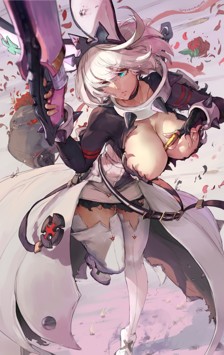 areola cutesexyrobutts elphelt_valentine guilty_gear gun no_bra thighhighs torn_clothes