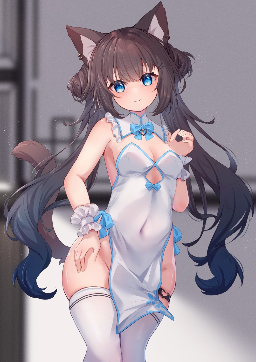 animal_ears chinadress hinata_(pixiv53862745) nekomimi no_bra nopan tail thighhighs