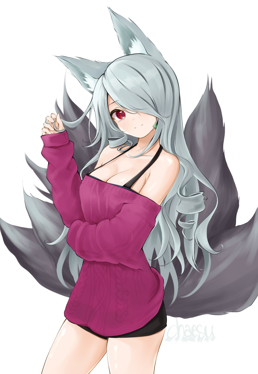 animal_ears chaesu cleavage kitsune sweater tail