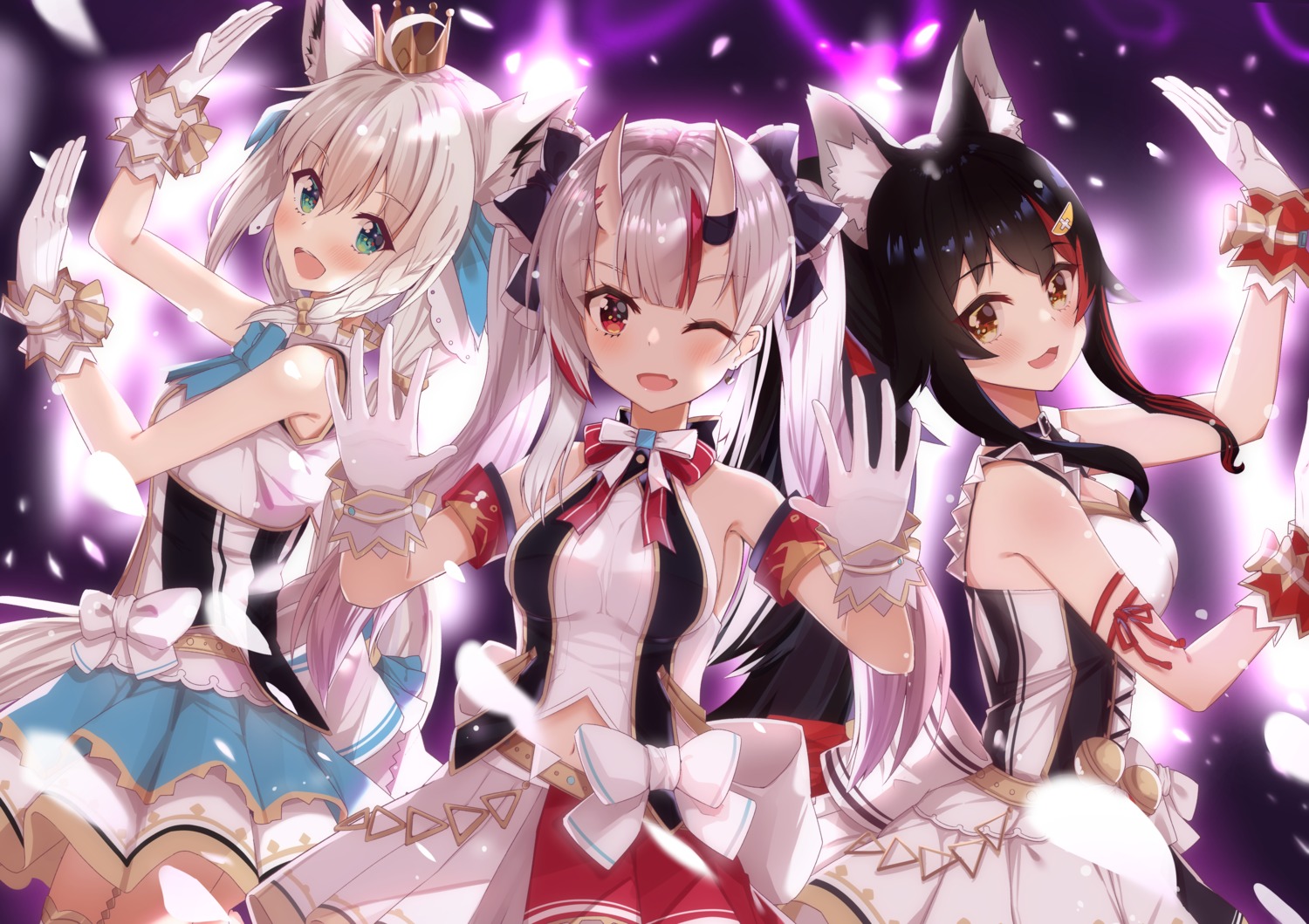 animal_ears borumete hololive hololive_gamers horns kitsune nakiri_ayame ookami_mio shirakami_fubuki