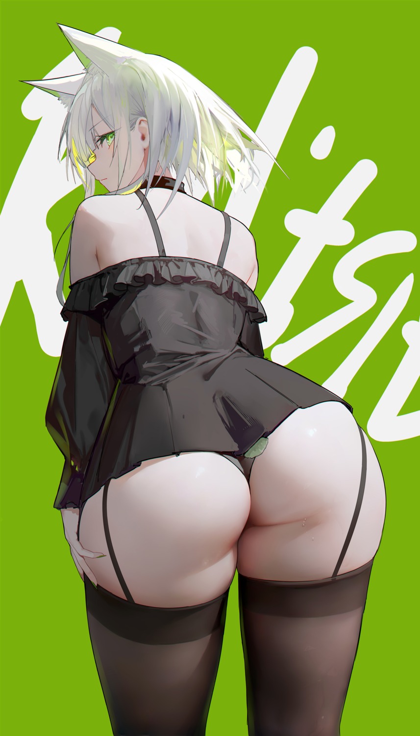 animal_ears arknights ass dress kal'tsit_(arknights) no_bra omone_hokoma_agm pantsu skirt_lift stockings tail thighhighs thong wet