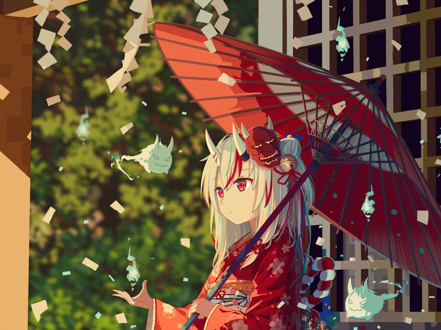 hololive horns kimono koyuki_ekaki nakiri_ayame umbrella