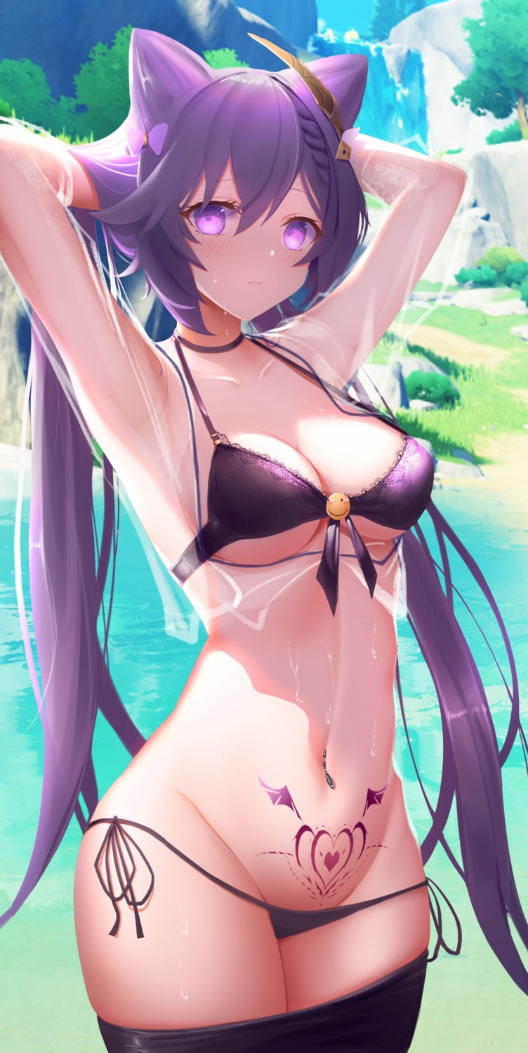 bikini genshin_impact keqing pantyhose see_through swimsuits tattoo wet xing_jun