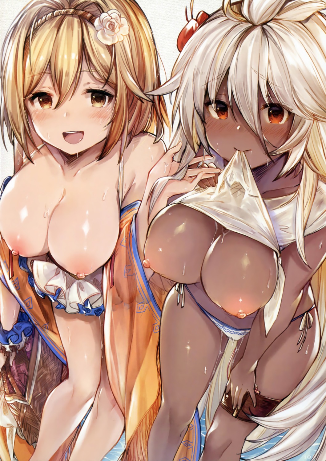 breasts cum djeeta_(granblue_fantasy) garter granblue_fantasy nipples ryuuji_teitoku shirt_lift swimsuits zooey_(granblue_fantasy)