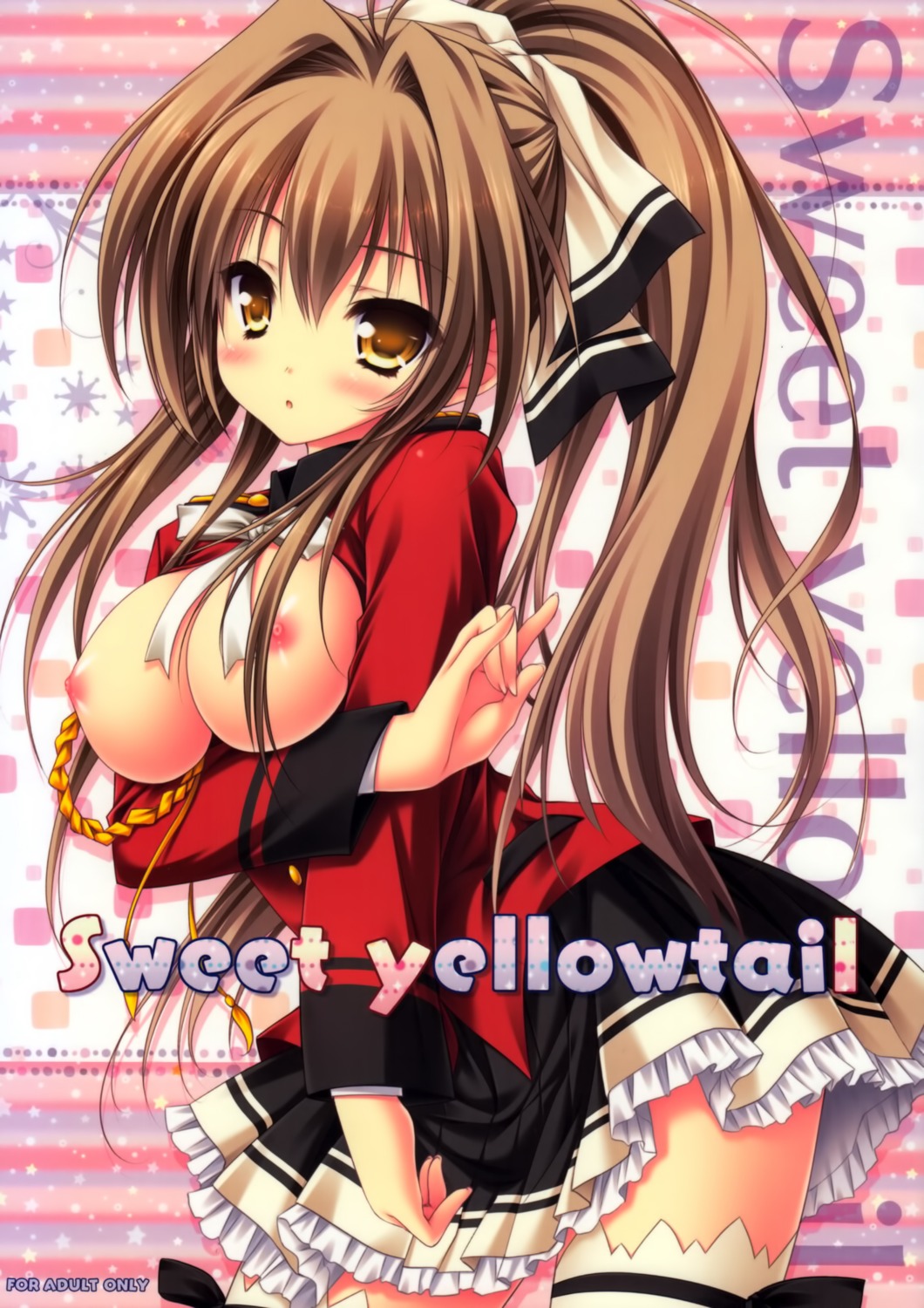 amagi_brilliant_park breast_hold breasts moekibara_fumitake nipples no_bra open_shirt sento_isuzu thighhighs uniform