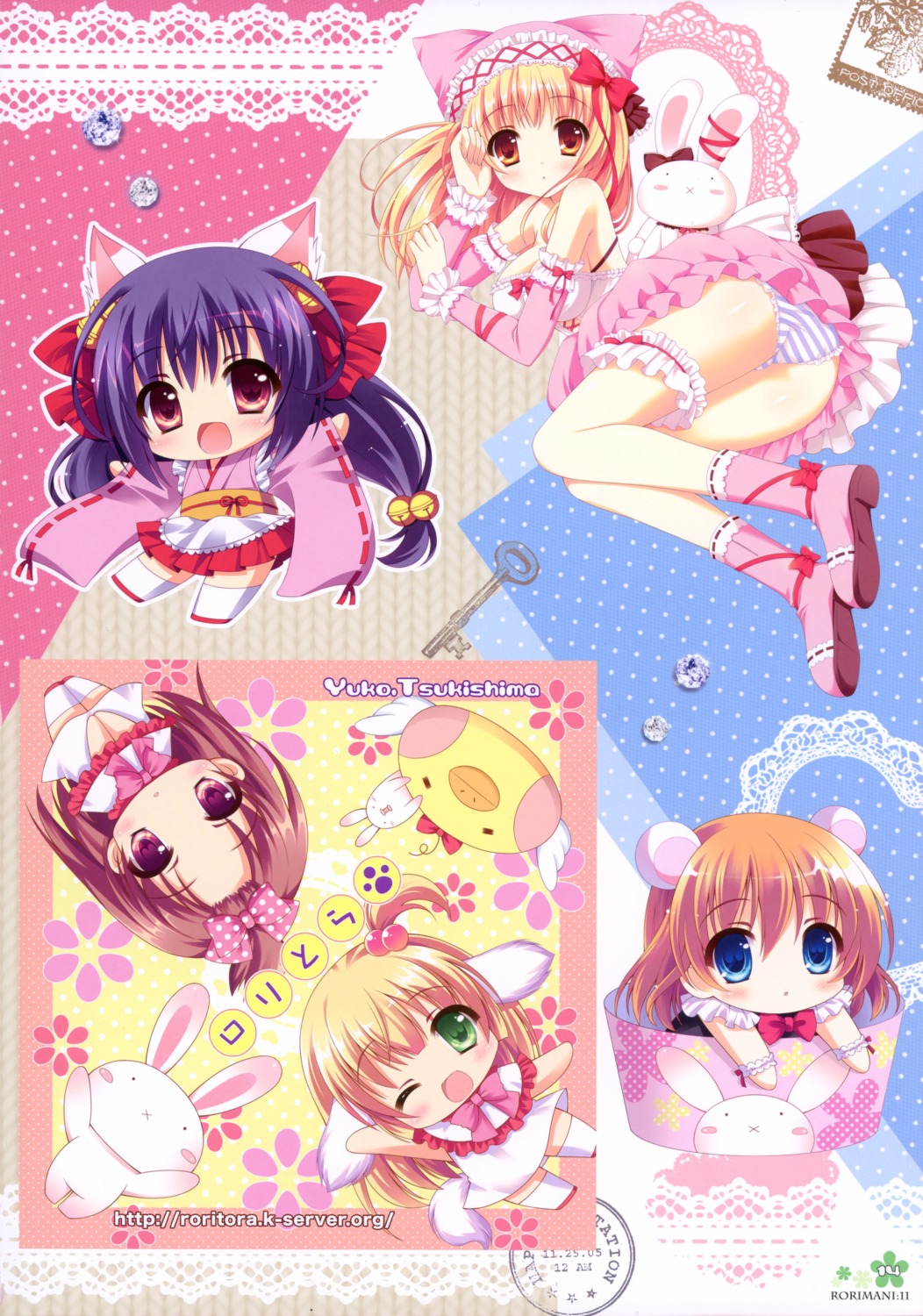 animal_ears chibi garter nekomimi pantsu roritora shimapan tail tsukishima_yuuko