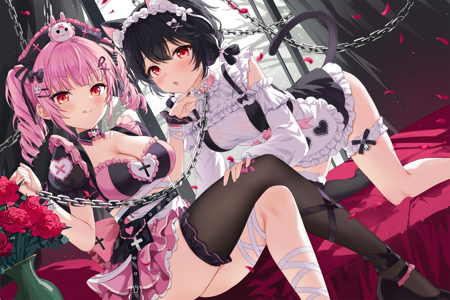 animal_ears bandages bondage devil_heavens garter lolita_fashion maid nekomimi no_bra nurse skirt_lift tail thighhighs yuri