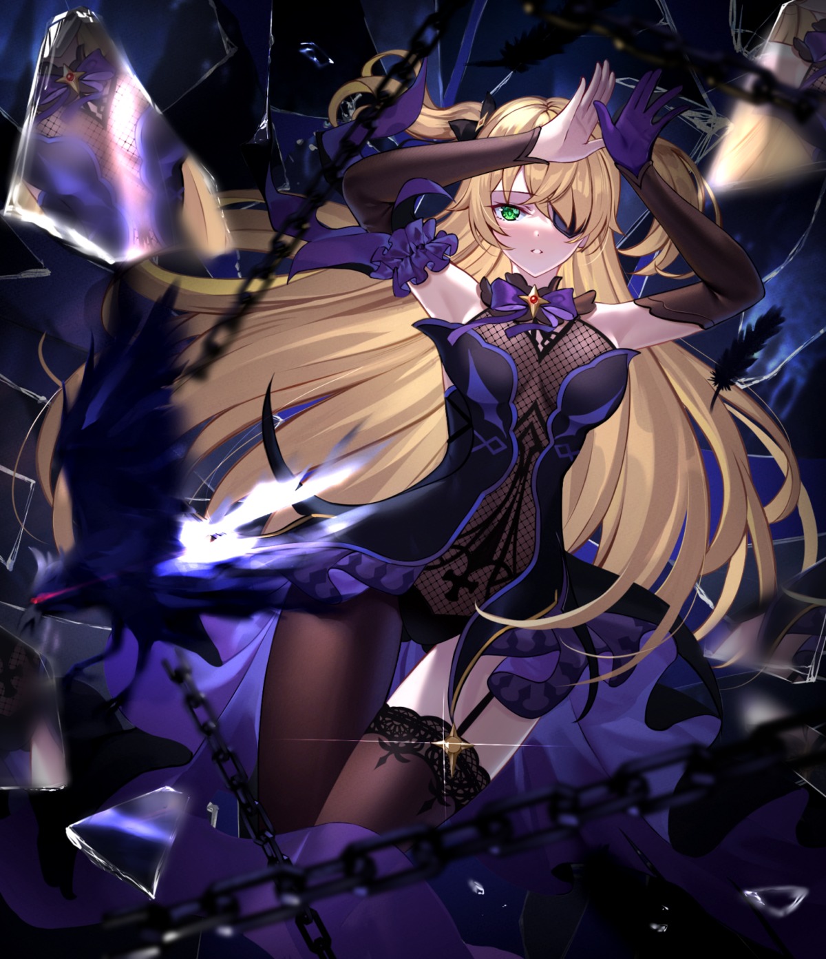 dress eyepatch fischl fishnets genshin_impact stockings swordsouls thighhighs