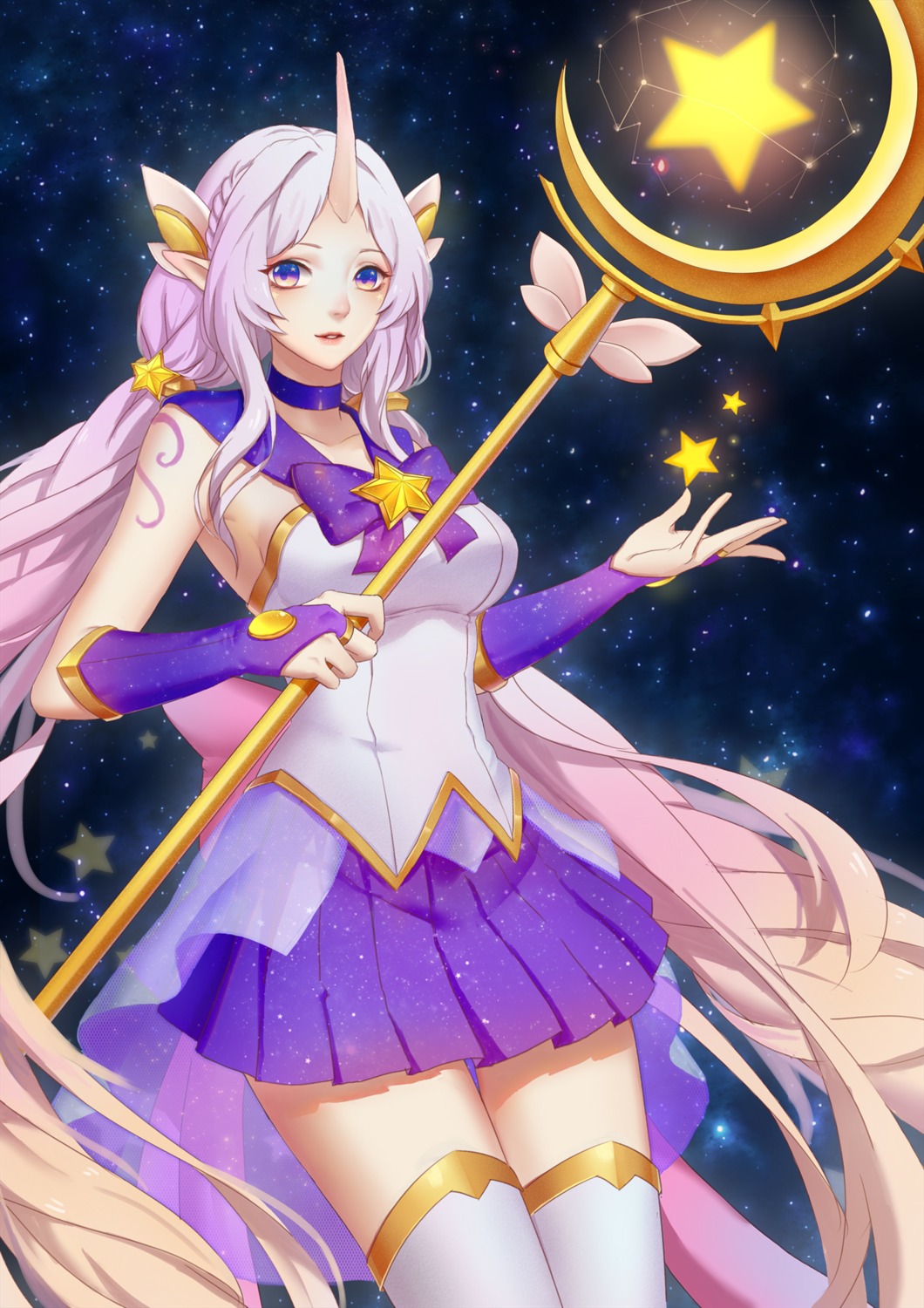 horns kezi league_of_legends pointy_ears soraka thighhighs weapon