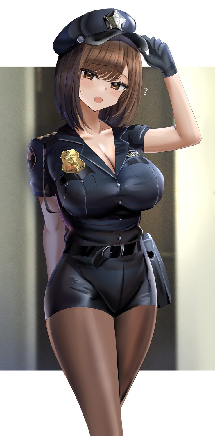 cleavage hanasaka_houcha pantyhose police_uniform