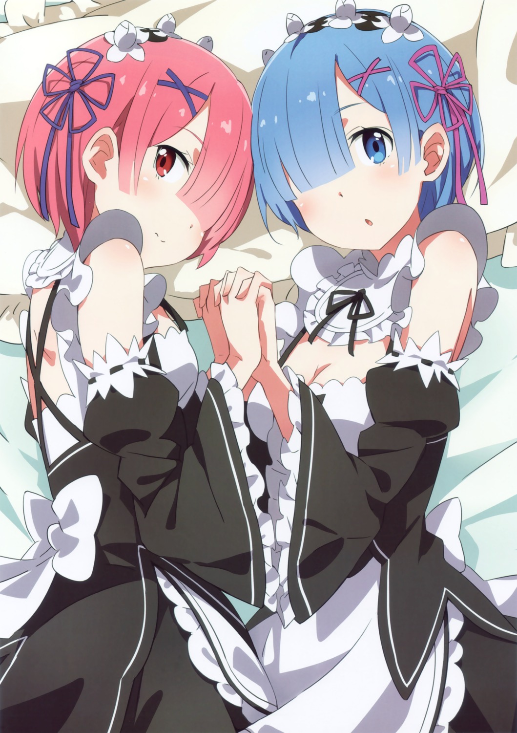 cleavage maid ram_(re_zero) re_zero_kara_hajimeru_isekai_seikatsu rem_(re_zero) tomato_(pixiv5276533)