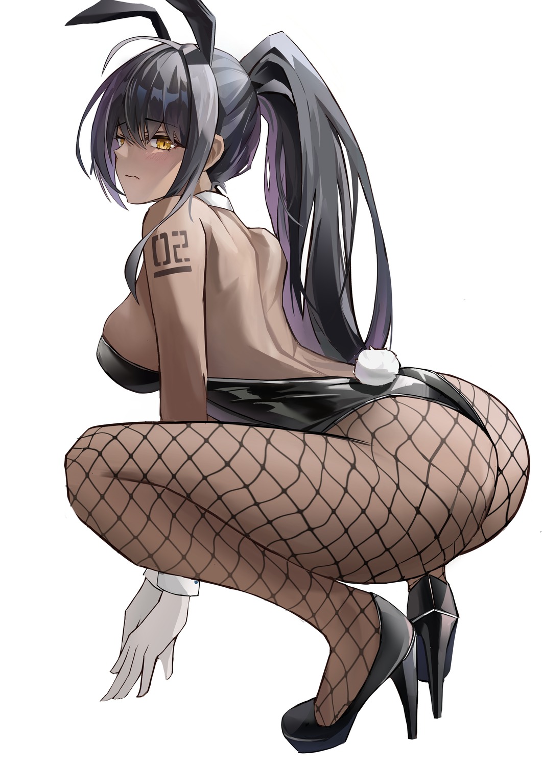 animal_ears ass blue_archive bunny_ears bunny_girl fishnets hai_binggan heels kakudate_karin no_bra pantyhose tail tattoo