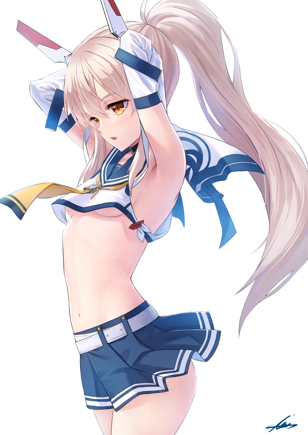 ayanami_(azur_lane) azur_lane no_bra seifuku sion_(9117) skirt_lift underboob