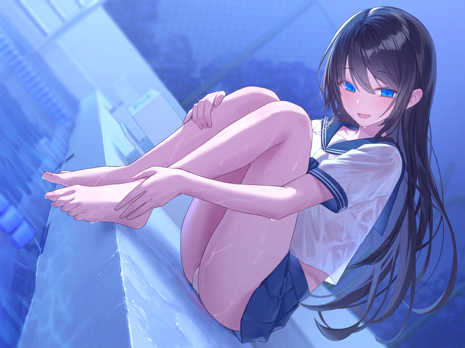 bra jfjf pantsu see_through seifuku skirt_lift thong wet wet_clothes