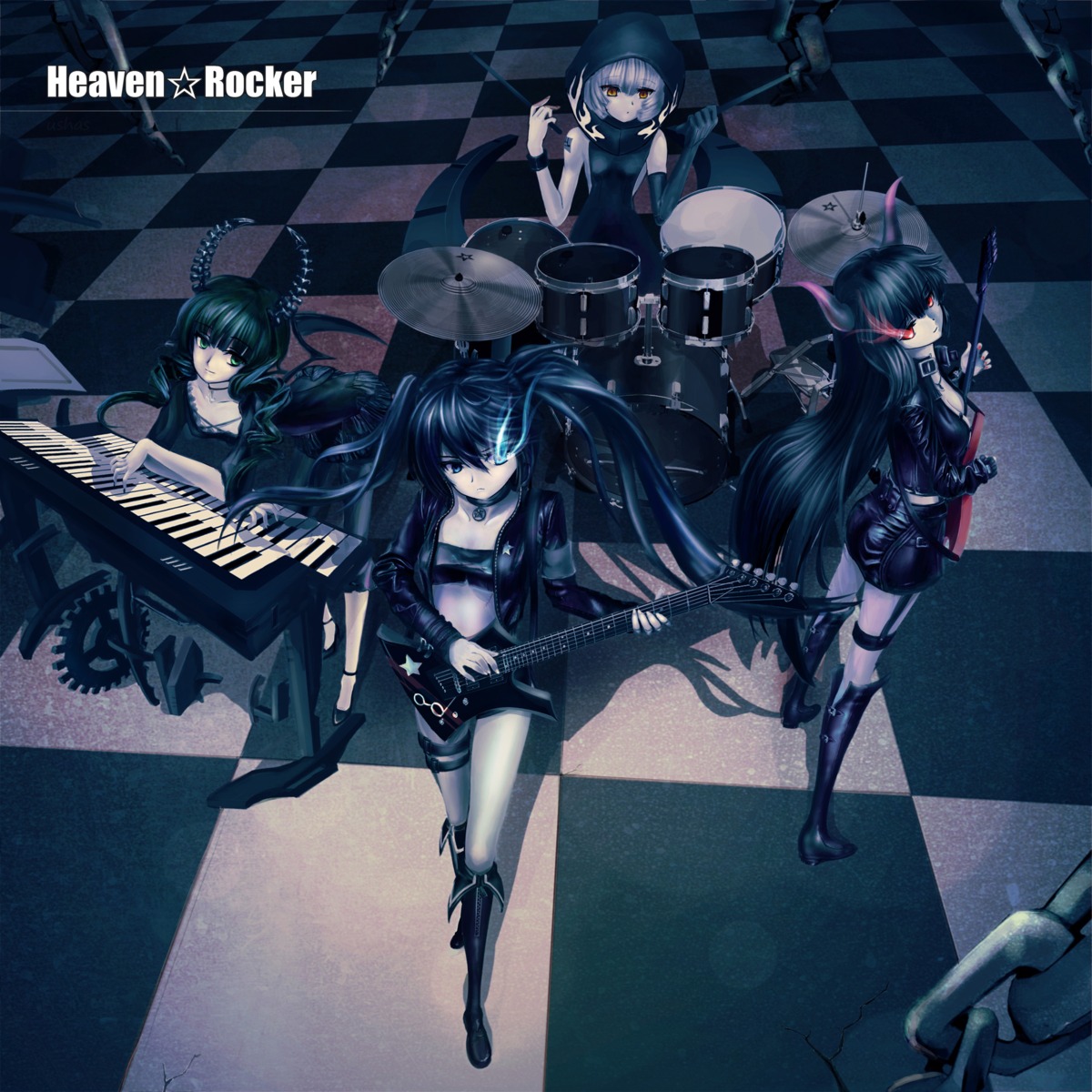 bikini_top black_gold_saw black_rock_shooter black_rock_shooter_(character) cleavage dead_master devil dress garter gothic_lolita guitar horns lolita_fashion strength swimsuits ushas vocaloid