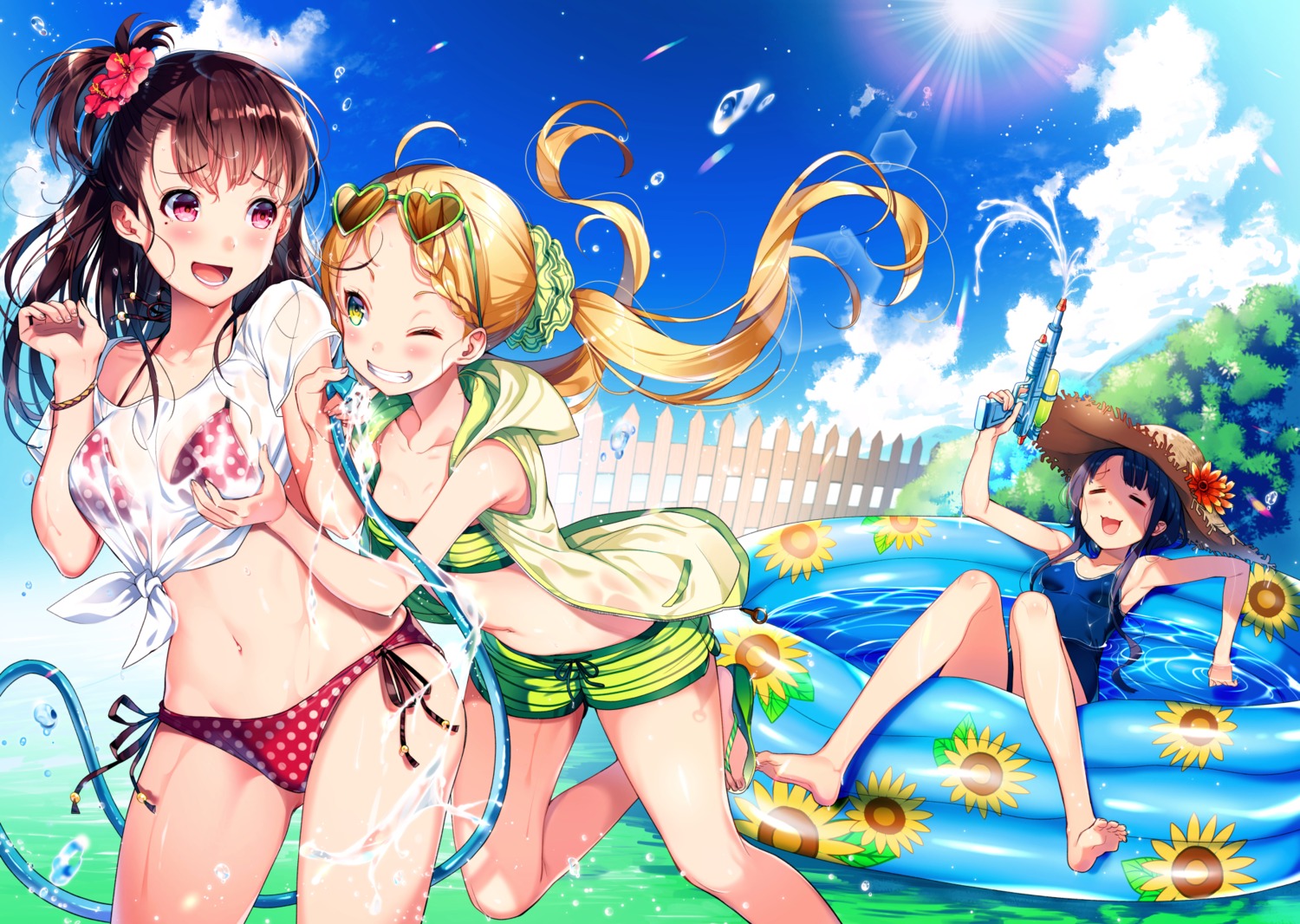 bikini breast_grab gun kat_(bu-kunn) megane open_shirt school_swimsuit see_through swimsuits wet wet_clothes yuri