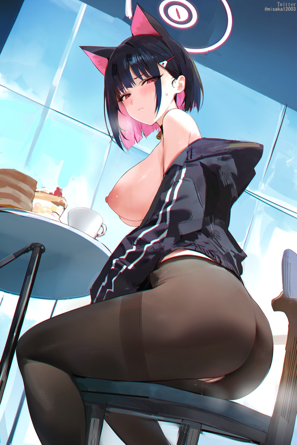 animal_ears ass blue_archive breasts halo kyouyama_kazusa misako nekomimi nipples no_bra nopan open_shirt pantyhose pussy pussy_juice uncensored