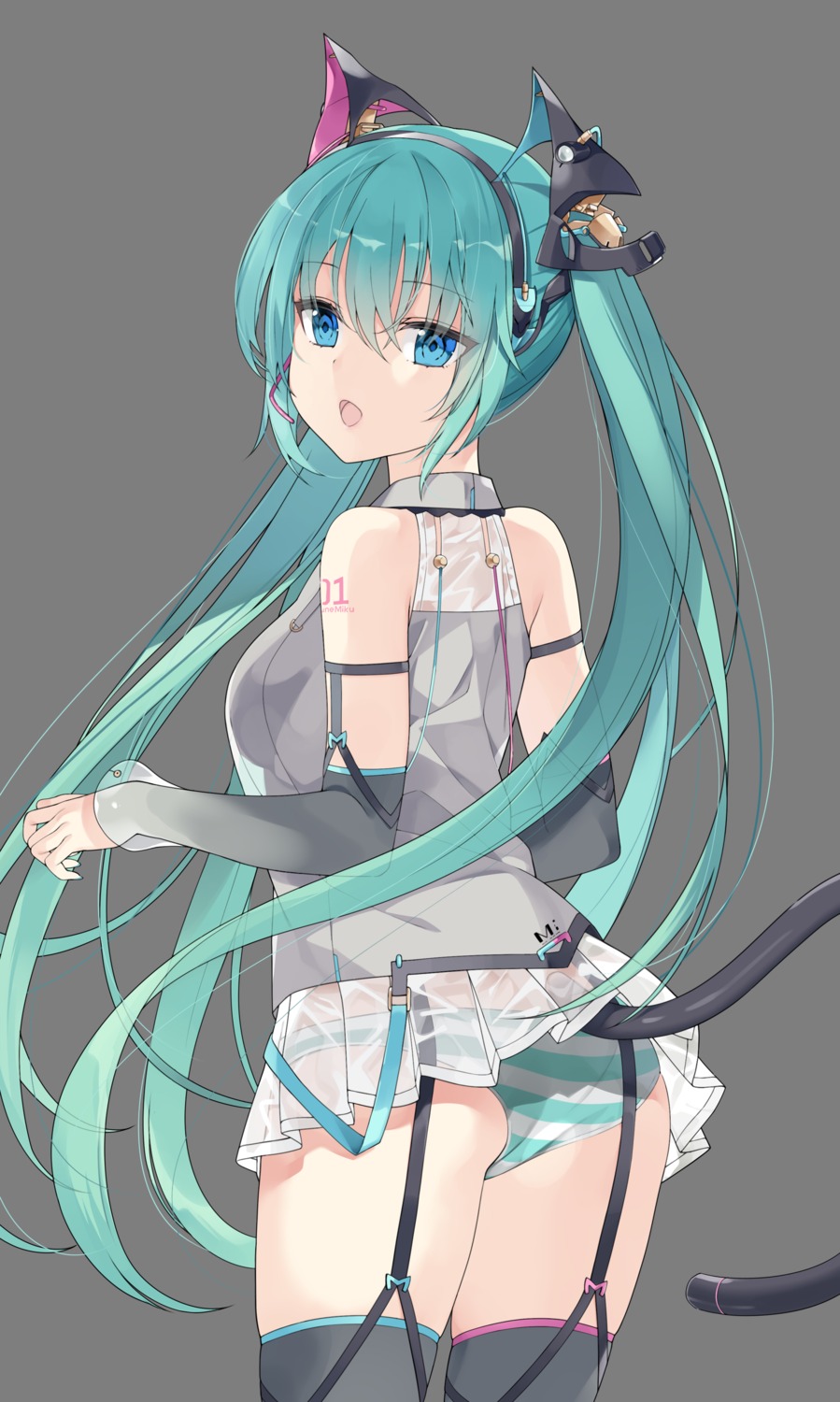 animal_ears ass hatsune_miku jyt nekomimi pantsu see_through shimapan skirt_lift stockings tail tattoo thighhighs transparent_png vocaloid