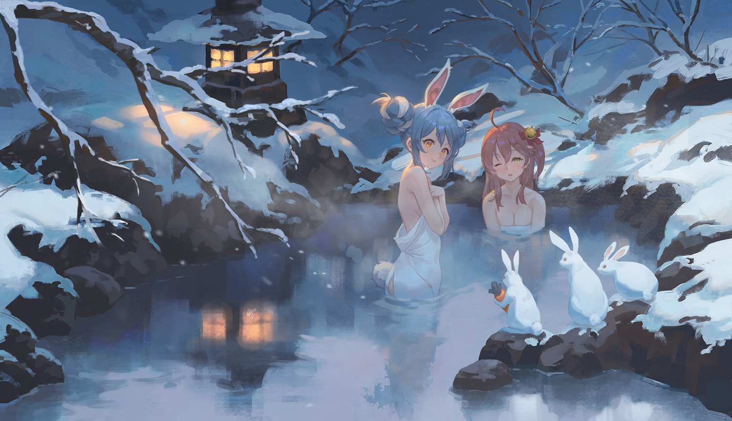 animal_ears bathing bunny_ears hololive onsen ruien sakura_miko tail towel usada_pekora wet