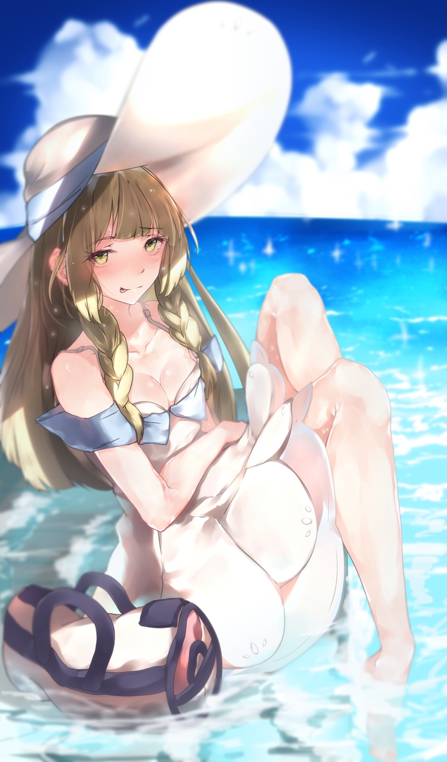 cleavage dress hplay lillie_(pokemon) pokemon_sm see_through wet wet_clothes