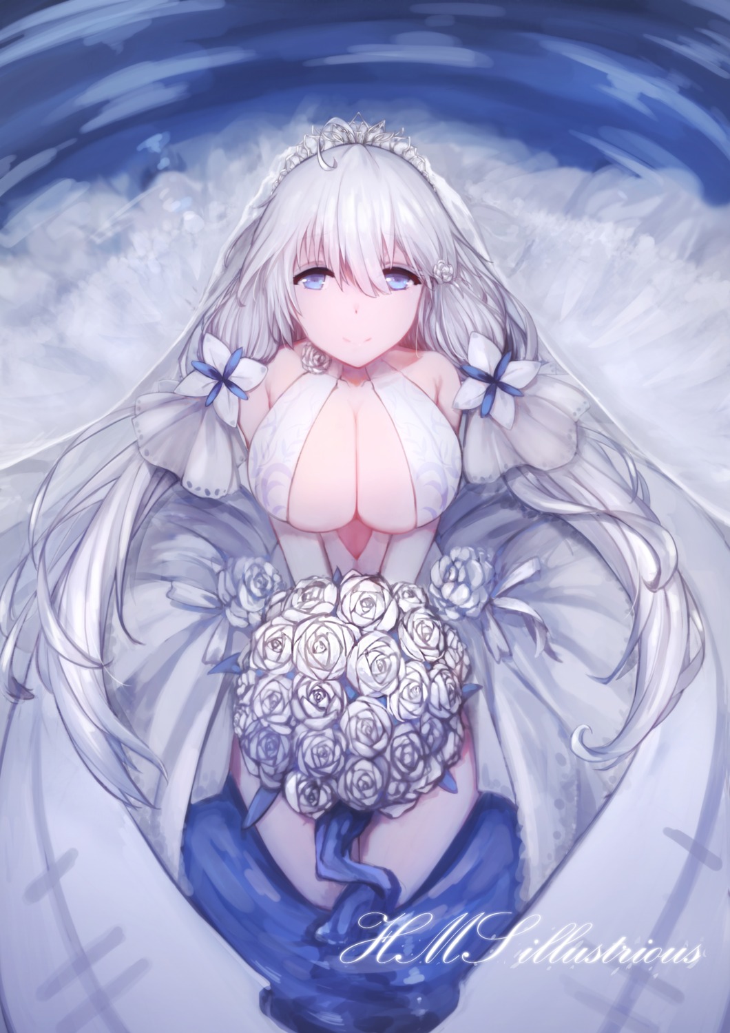 azur_lane cleavage dress illustrious_(azur_lane) no_bra wedding_dress yukineko