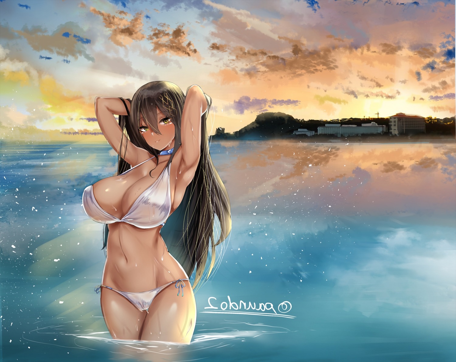 azur_lane bikini landscape paundo2 see_through south_dakota_(azur_lane) swimsuits wet